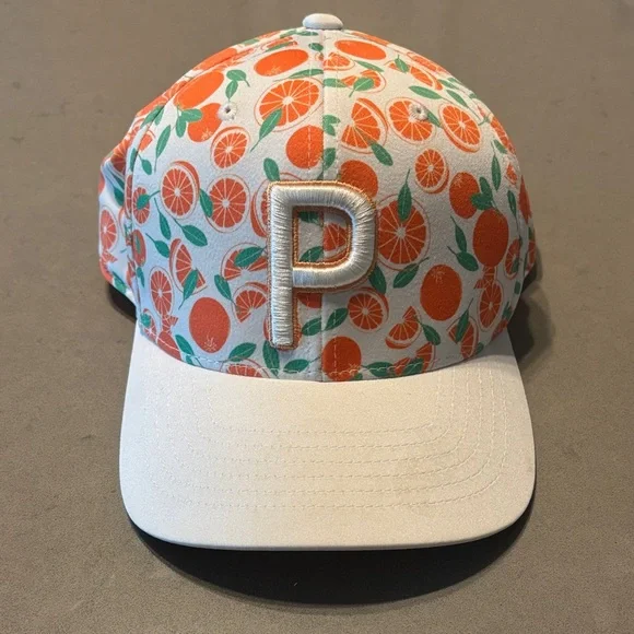 White Puma golf / Baseball Cap adjustable with Orange Citrus Print and 'P' Patch - Picture 1 of 4